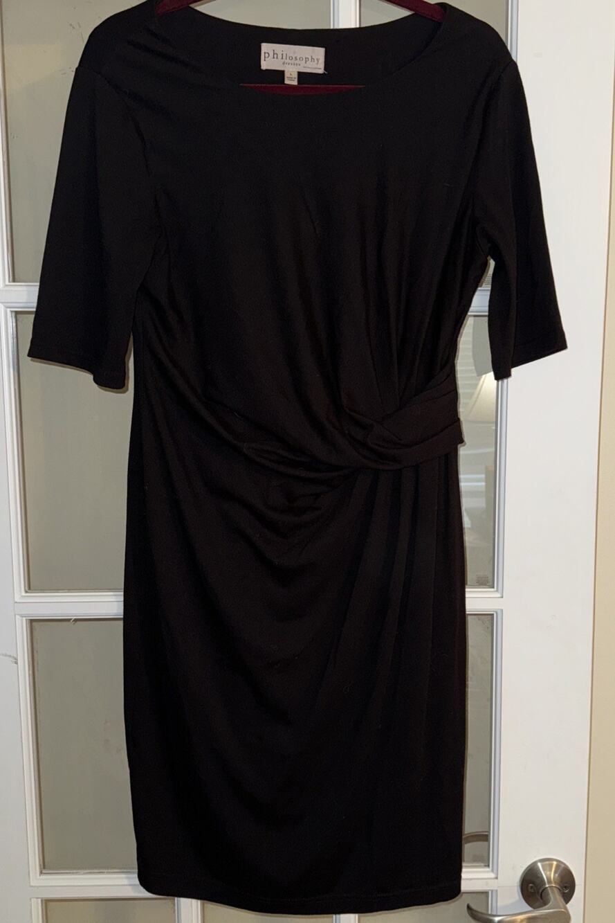 Philosophy Dress Faux Wrap Stretch Knit Black Ruching Short Sleeve Large